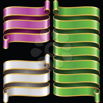 Vector ribbon frames set. Green, purple and yellow banners with golden border isolated on black background