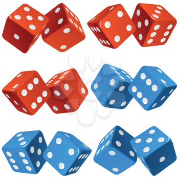 Vector Casino Dice Set of Authentic Icons. Red and Blue Pair of Poker Cubes Isolated on White Background. 3d Board Game Pieces