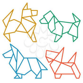 Vector Origami Dogs Icon Set. Abstract Low Poly Pet Dog Breed Sign Silhouette Isolated on White. Freehand Drawn Paper Folding Art Emblem. Template Geometric Logo Design. 2018 Chinese New Year Symbol