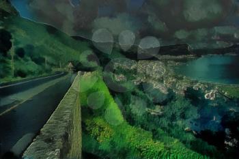 Royalty Free Photo of a Mountain Road and Cliffside Illustration