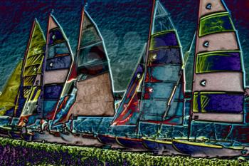 Royalty Free Photo of Neon Colored Catamarans on Side of Lake