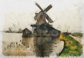 Royalty Free Photo of a Painting of a Windmill