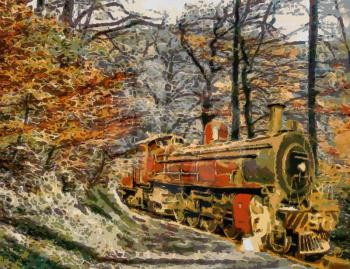 Royalty Free Photo of a Painting of an Orange Steam Train