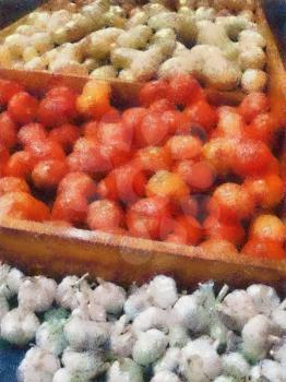 Royalty Free Photo of an Oil Painting of Garlic Potatoes and Tomatoes