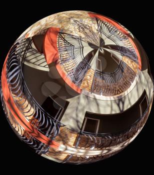 Royalty Free Photo of a Silver Reflective Ball with Office Building Reflection