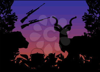 Hunting Africa Animals and Nature Illustration with Lion Kudu and Africa Cooking Pot in Bush 