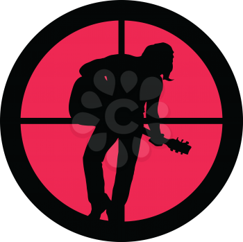 In the scope series – Rocker (guitar player) in the crosshair of a gun’s telescope. Can be symbolic for need of protection, being tired of, intolerance or being under investigation.
