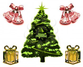 Christmas card with tree and cristal bells and presents VB
