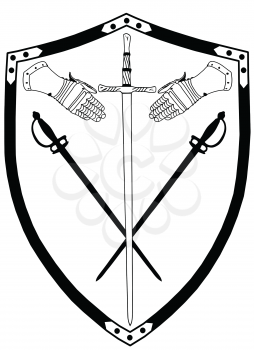 Isolated 16th Century War Shield with Ingraved Crossed Swords and Gloves Vector