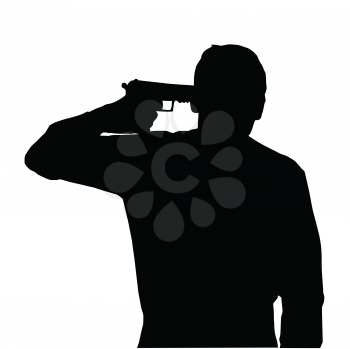 Silhouette of man holding gun against own head