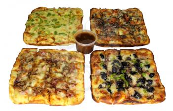 Isolated Four Square Pizza Combo with Sauce in Container 