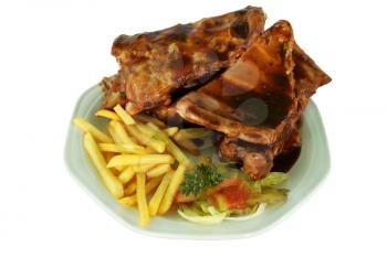 Isolated Spareribs and Fries on White Plate
