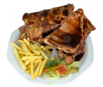 Isolated Spareribs and Fries on White Plate