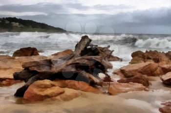 Painting of Large Wood Stump on Stormy Beachfront