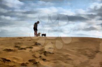 Painting of Boy Standing with Dogs On Dune