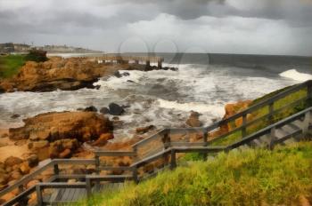 Painting of Wooden Steps and Concrete Jetty in Stormy Weather