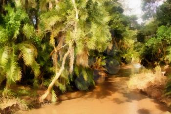 Painting of Muddy River Running Through Tropical Forest