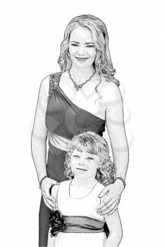 Drawing of a lovely mom and daughter in formal dress 