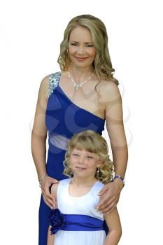 Lovely mom and daughter in formal dress isolated 