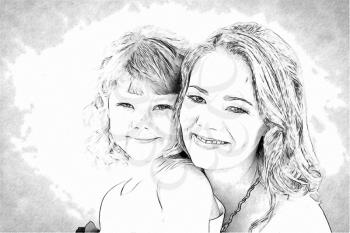 Drawing of Lovely blond mom and daughter studio photo