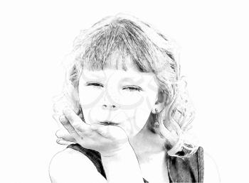 Drawing of Adorable Little Blond Girl Blowing a Kiss  