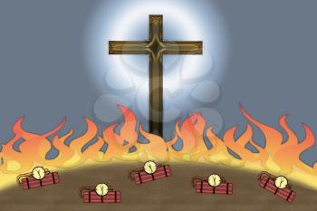 Attack on Christianity flames and bombs at the foot of Christian Cross