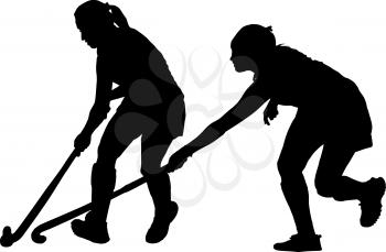 Black on white silhouette of girls ladies hockey players battling for possession of ball