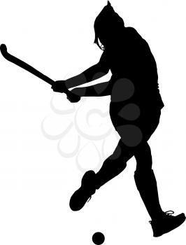 Black on white silhouette of girl ladies hockey player hitting ball