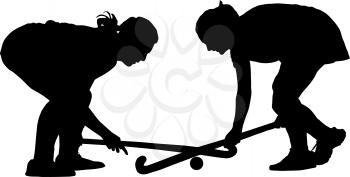 Black on white silhouette of girl ladies hockey players locked in battle for ball