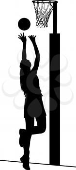 Black on white silhouette of girls ladies netball player shooting for goal