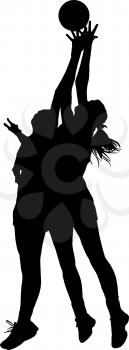 Black on silhouette of girls ladies netball players competing for ball in air