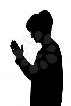 Side profile portrait silhouette of elderly lady standing and praying
