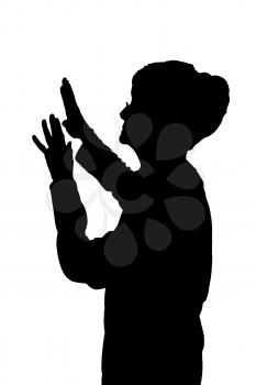 Side profile portrait silhouette of elderly lady protecting self against attack  