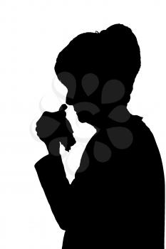 Side profile portrait silhouette of sad elderly lady crying or sick 