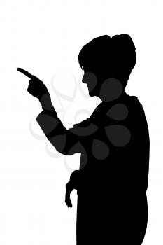 Side profile portrait silhouette of angry accusing lady pointing her finger
