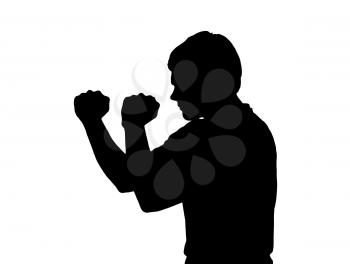 Side profile portrait silhouette of a teenage boy in aggressive boxing stance 