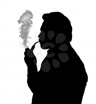 Silhouette of a bearded man smoking pipe thinking 