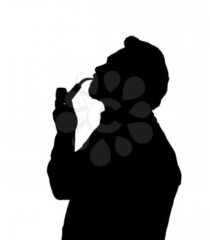 Silhouette of a bearded man smoking pipe looking up 