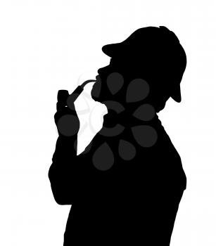 Silhouette of a bearded man smoking pipe with Sherlock hat looking up 