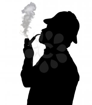 Silhouette of a bearded man smoking pipe with Sherlock hat looking up 