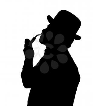 Silhouette of a bearded man smoking pipe with bowler hat looking up 