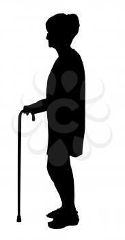 Silhouette of an Elderly woman with glasses walking with cane