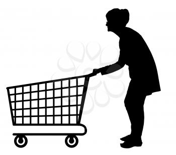 Silhouette of an elderly woman pushing empty shopping trolley