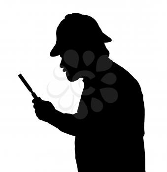 Silhouette of a bearded man investigating with a magnifying glass and Sherlock hat 