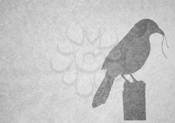 Greyscale Black and White Foldable Card Image of S Bird with Twig in Beek Building Nest on Leather Type Textured Paper with Heading and Large Text Area