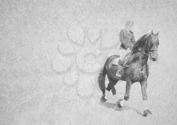 Greyscale Black and White Foldable Card Image of Large Muscular Stallion with Female Dressage Rider on  Leather Type Textured Paper with Heading and Large Text Area