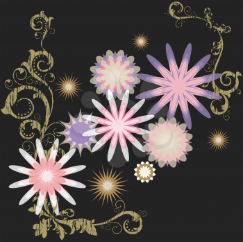 Royalty Free Clipart Image of a Grunge Black Background With Flowers and Flourishes
