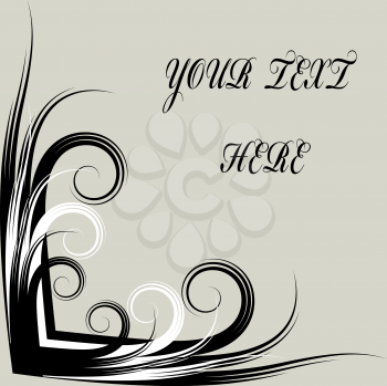 Royalty Free Clipart Image of a Grey Background With Black and White Flourishes in the Corner