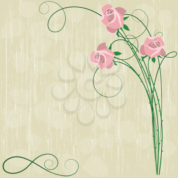 Royalty Free Clipart Image of a Beige Background With Pink Roses and Flourishes