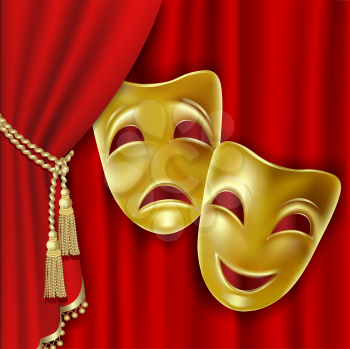 Royalty Free Clipart Image of Harlequin Masks on a Theatre Curtain